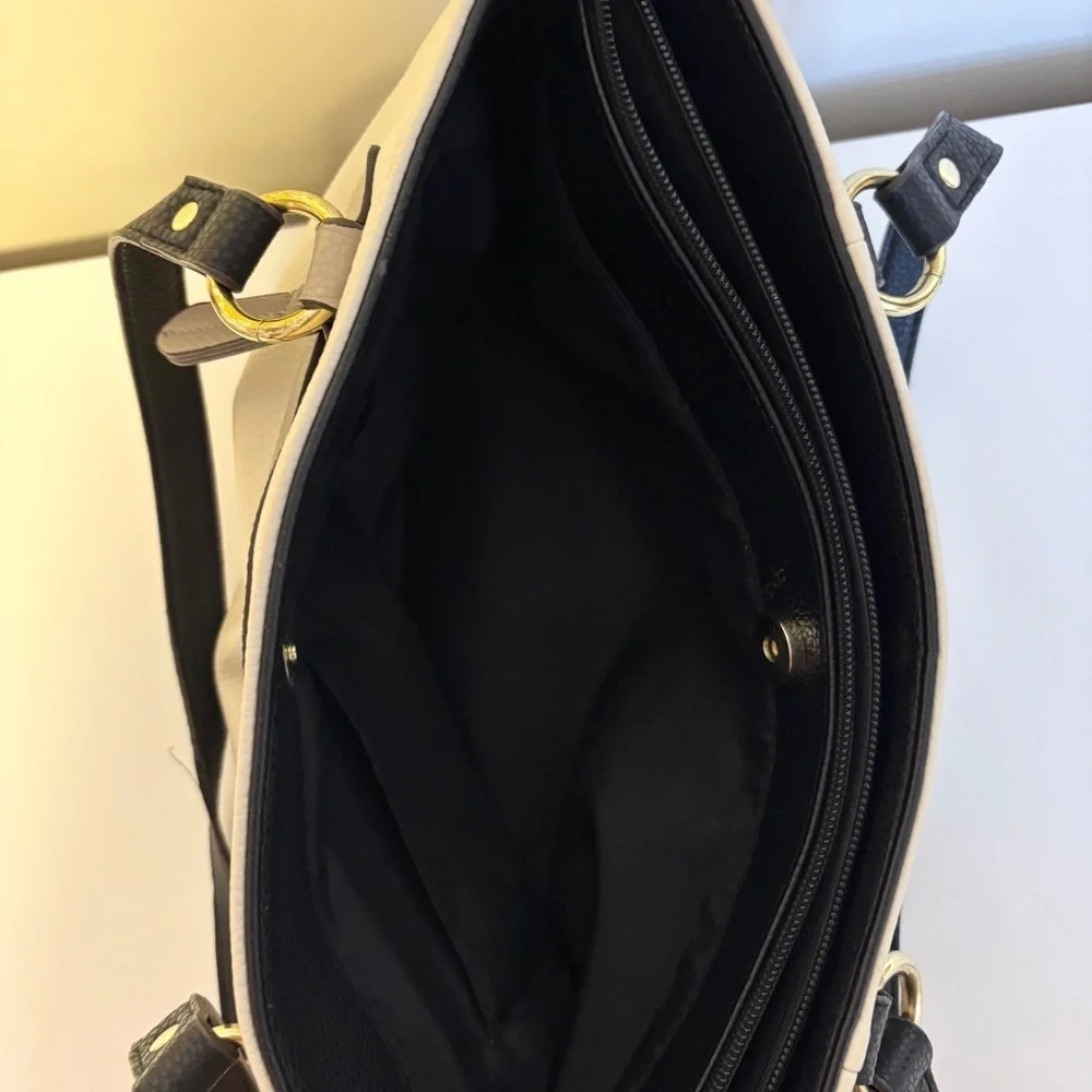 Liz Claiborne Jess Shopper Faux Leather Tote Bag Purse Cream Black Handles